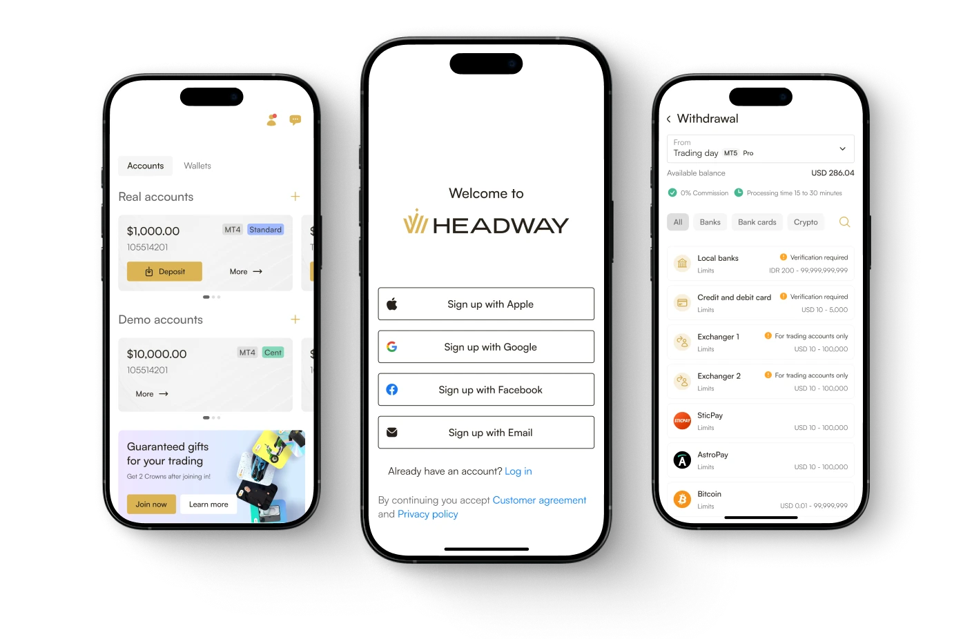 Imej telefon menunjukkan aplikasi dagangan Headway